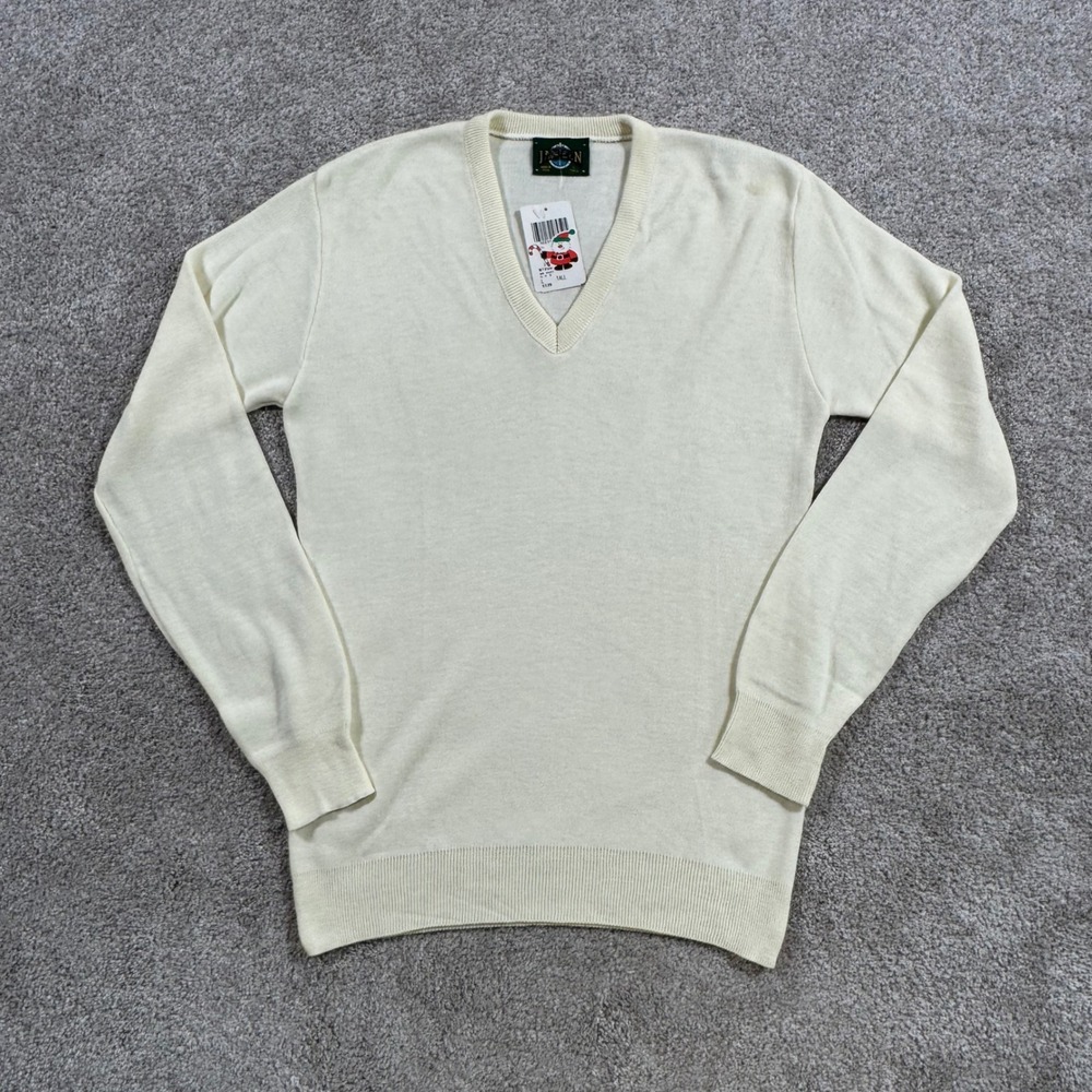Vintage Jantzen Mens V-Neck Sweater Cream Off-White Acrylic Made in USA L Tall